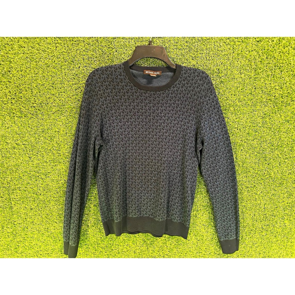 Michael Kors Men's S Blue Black Geometric Knit Crew Neck Pullover Sweater Logo